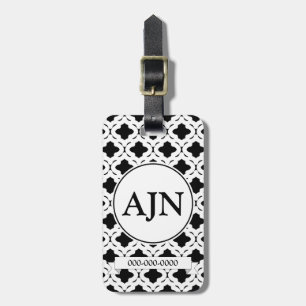 Étiquette de bagage à monogramme noir et blanc