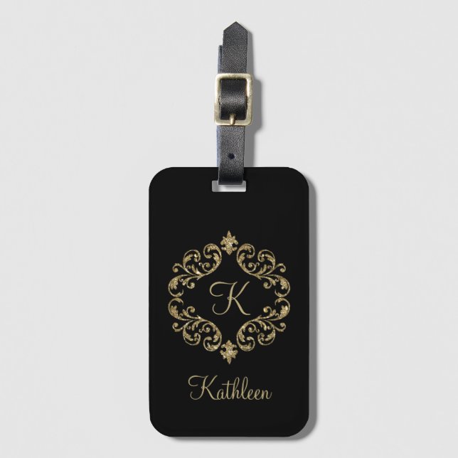 Étiquette de bagage à monogramme noir et doré avec (Devant Vertical)