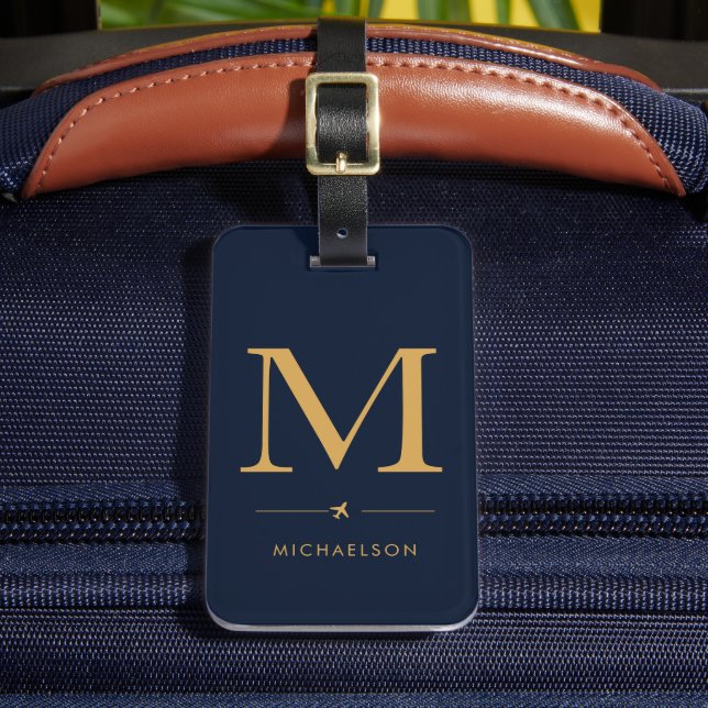 Étiquette de bagage à monogramme or bleu marine (Insitu Rectoal 2)