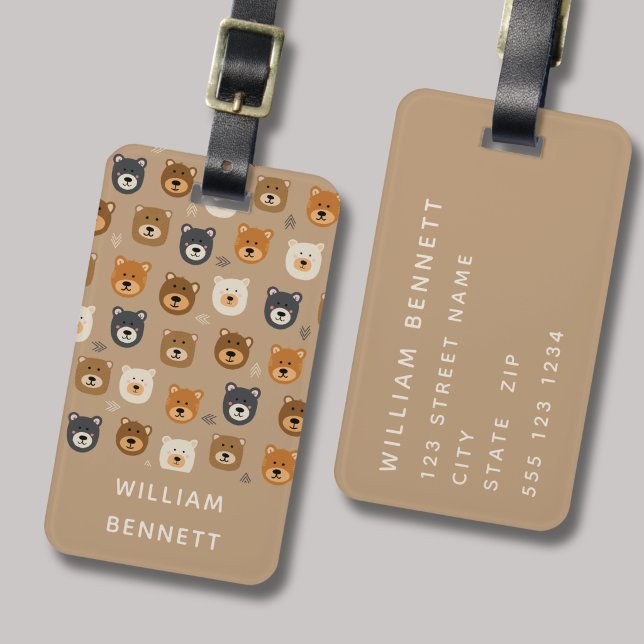 Étiquette de bagage à motif avec nom d'ours brun (Woodland bear cute kids novelty luggage tag for travel. Personalise with your name & contact details)