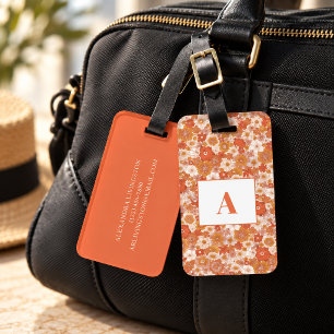Étiquette de bagage à motif floral rétro orange po