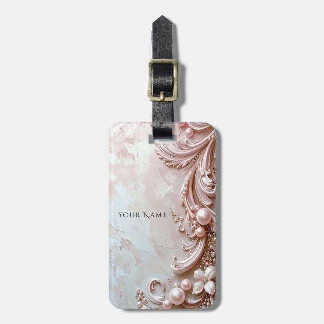 Étiquette de bagage à perle ornée rose et florale (Devant Vertical)