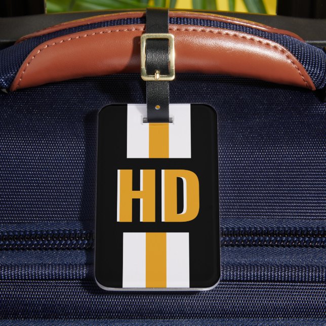 Étiquette de bagage à rayures noir et or Monogramm (Insitu Rectoal 2)