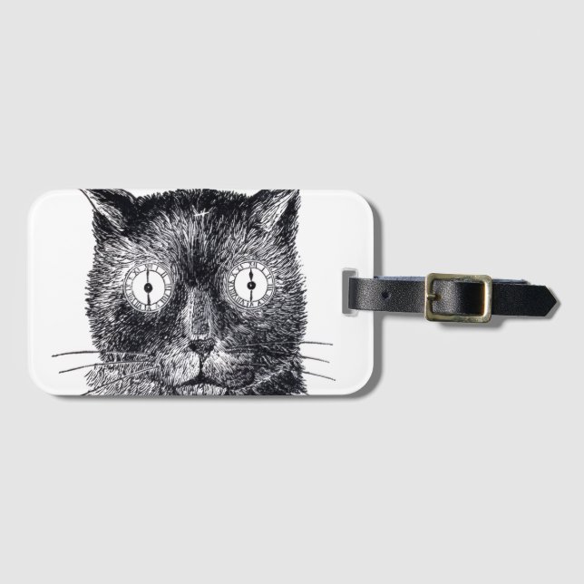 Étiquette de bagage à visage de chat rétro noir et (Devant Horizontal)