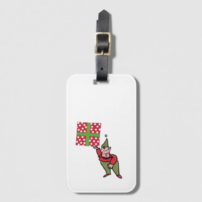 Étiquette de bagage Elfe avec cadeau à pois (Devant Vertical)