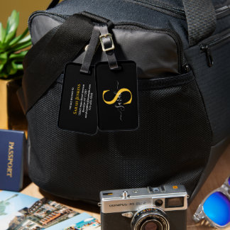Étiquette de bagage en or à monogramme noir au nom