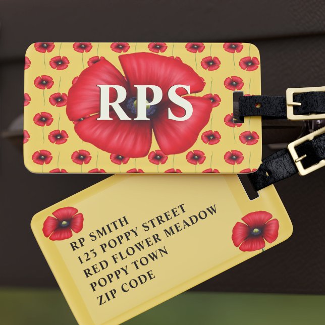 Étiquette de bagage jaune à monogramme floral de c (Pop your initials and address on this poppy luggage tag and pop on a plane to paradise)