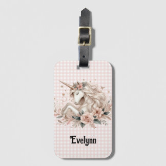 Étiquette de bagage licorne à carreaux roses flora