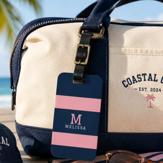 Étiquette de bagage rose marine moderne à rayures  (Créateur téléchargé)