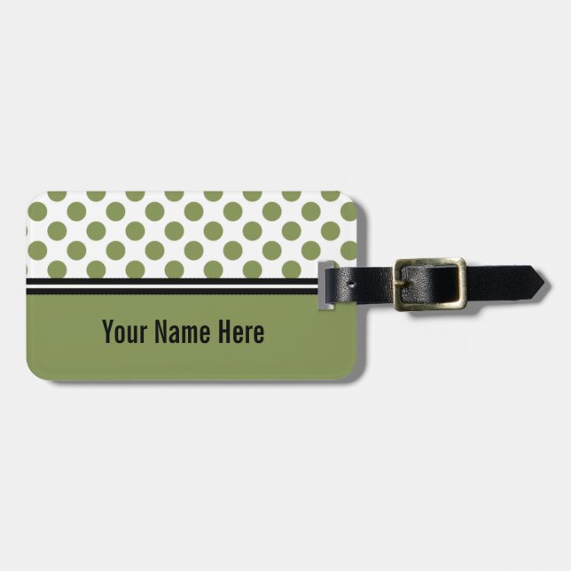 Étiquette de bagage vert olive à pois blancs (Devant horizontal)