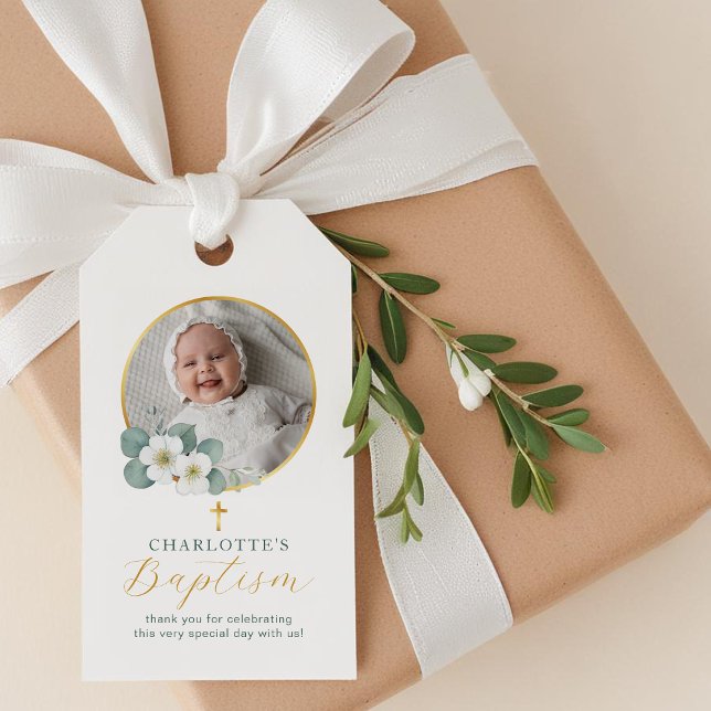 Étiquette de baptême photo de script simple | Pers (Baptism Favor Tag)