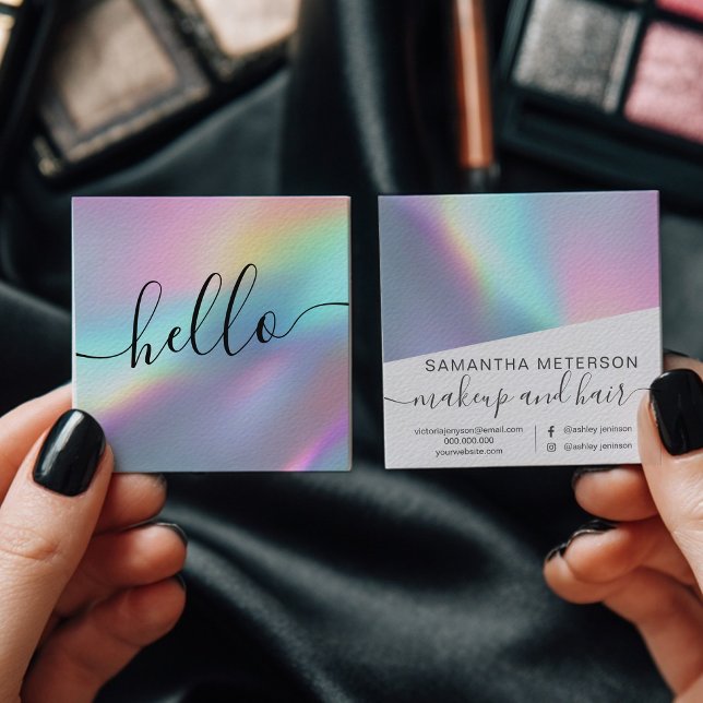 Étiquette de beauté moderne en script holographiqu (Modern Holographic Script Hello Beauty Branding Square Business Card)