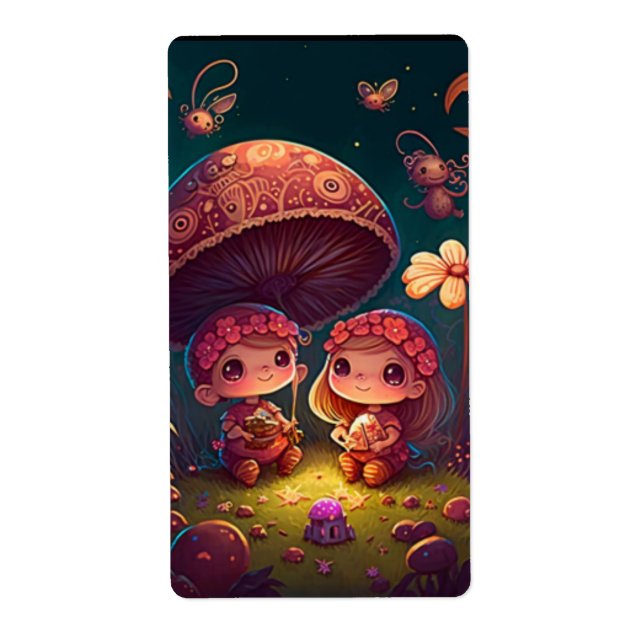 Étiquette De beaux elfes mignons jouent sous les champignons (Devant)