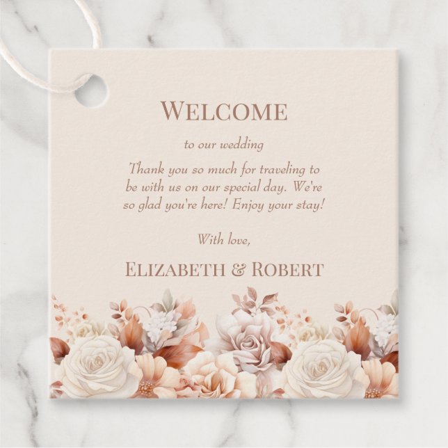 Étiquette de bienvenue de mariage Monogramme Beige (Devant)