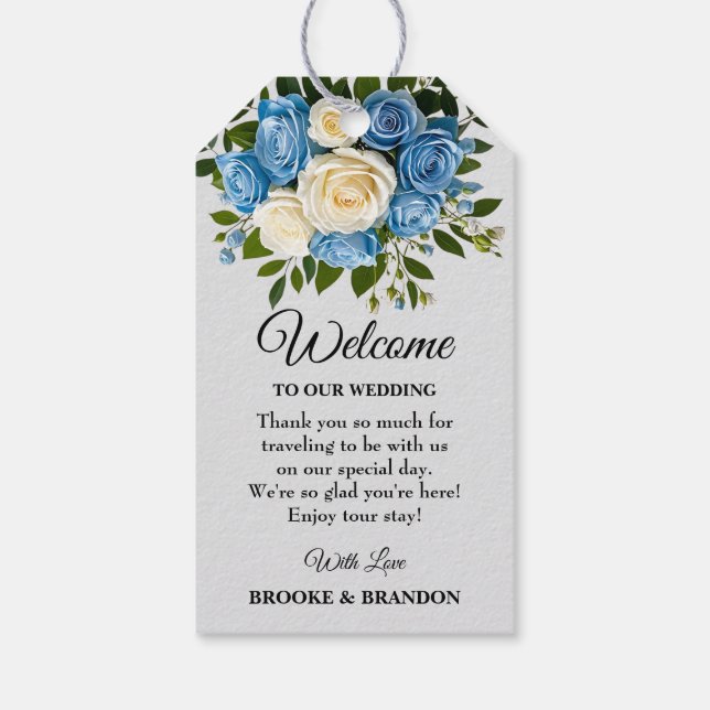 Étiquette de bienvenue florale bleue et blanche (Dos)
