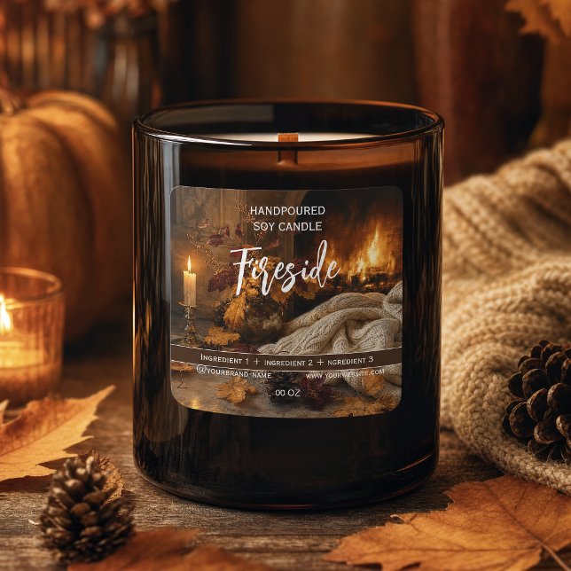Étiquette de bougie automnale au coin du feu, auto (Fireside Autumn Candle Label Square Sticker | Cozy)