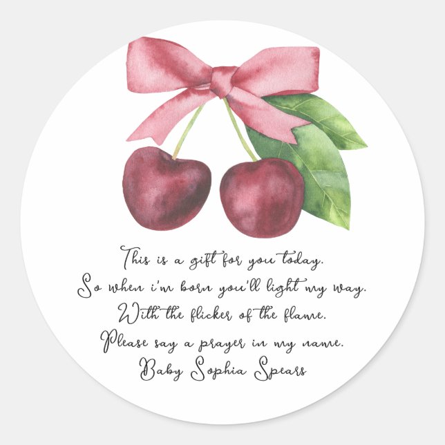 Étiquette de bougie de prière au ruban de cerises (Devant)