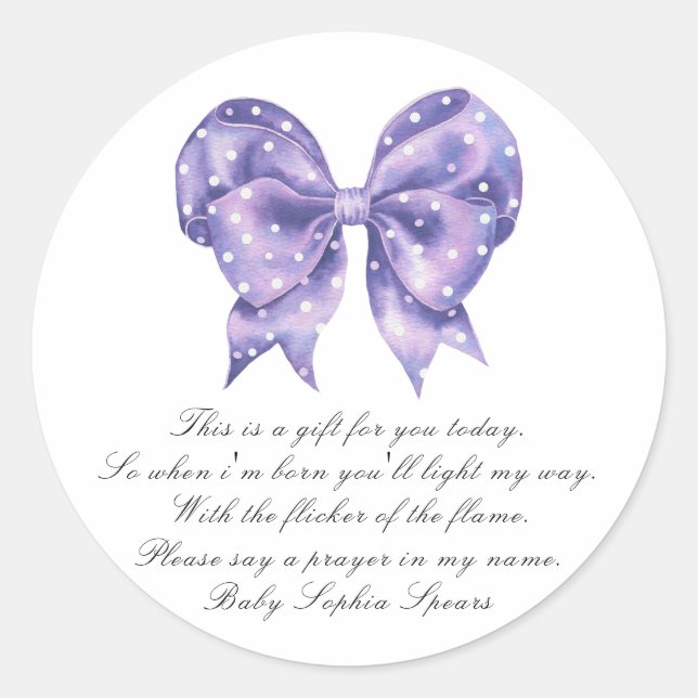 Étiquette de bougie de prière pour baby shower Bow (Devant)
