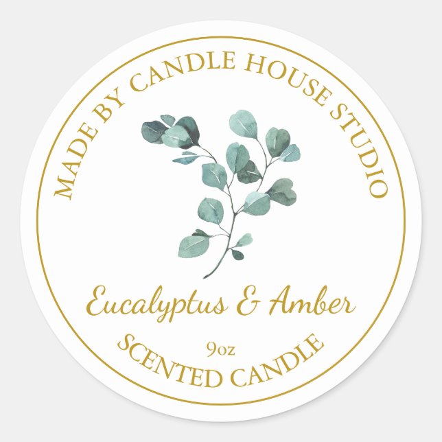 Étiquette de bougie Eucalyptus maison en or | Blan (Devant)