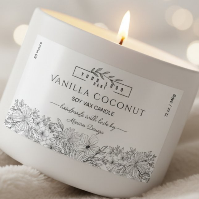 Étiquette de bougie florale Logo noir et blanc (Créateur téléchargé)