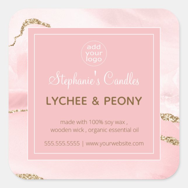 Étiquette de bougie | Marbre rose et paillettes do (Devant)