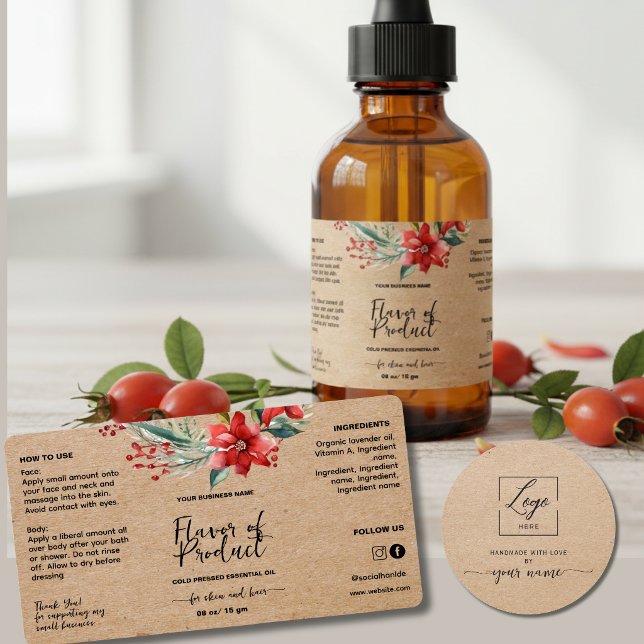 Étiquette de bouteille compte-gouttes Kraft Floral (Créateur téléchargé)