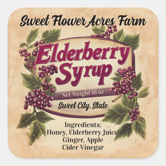 Étiquette de bouteille de produit Elderberry Sirop (Devant)