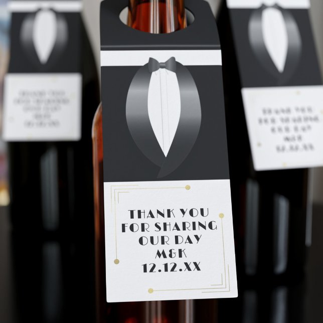 Étiquette de bouteille de remerciement Smoking Gat (1920s tuxedo bottle tag with space for a short thank you message. Perfect for a 1920s wedding theme)