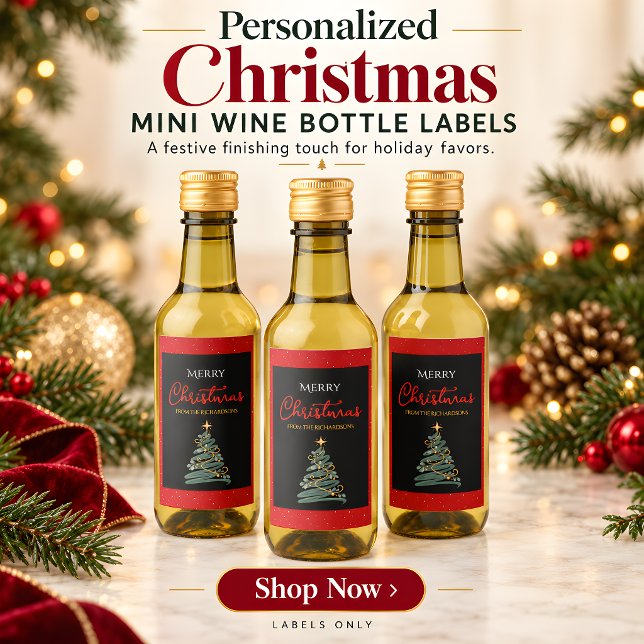 Étiquette de bouteille de vin miniature pour sapin (Personalized Mini Wine Bottle Labels for Christmas Party Favors)