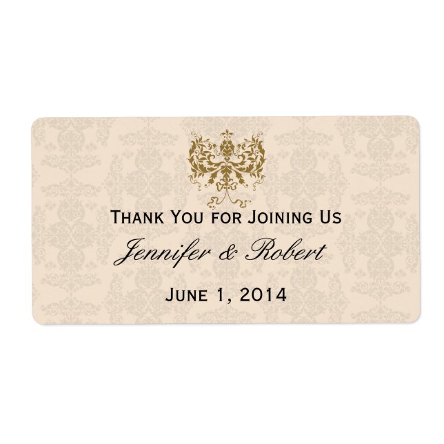 Étiquette de bouteille d'eau crème et or Damask (Devant)