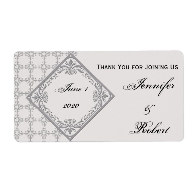 Étiquette de bouteille d'eau gris perlé Monogramme (Devant)