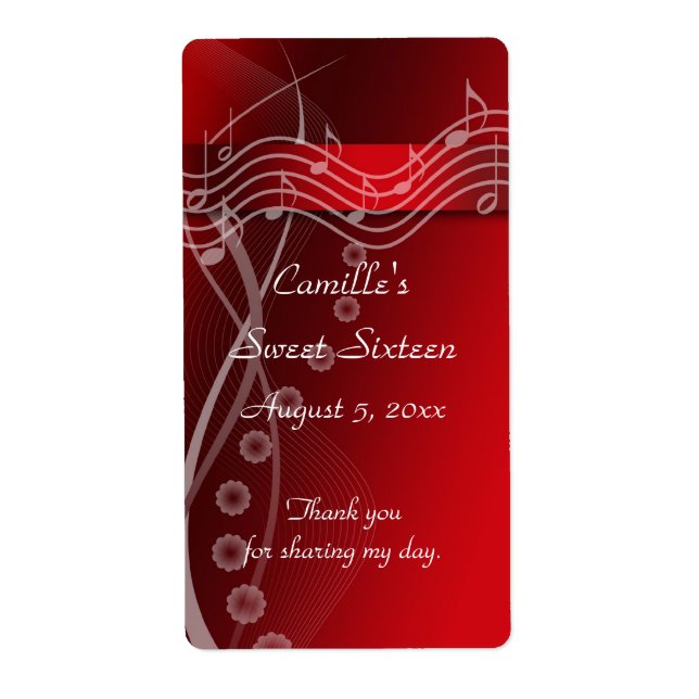 Étiquette de bouteille d'eau Red Sweet Sixteen (Devant)