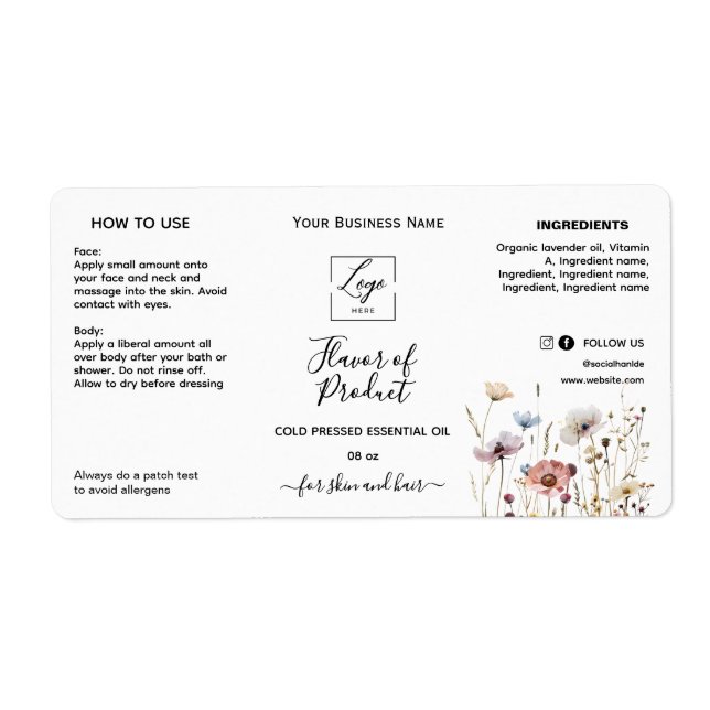 Étiquette de bouteille d'huile essentielle florale (Devant)