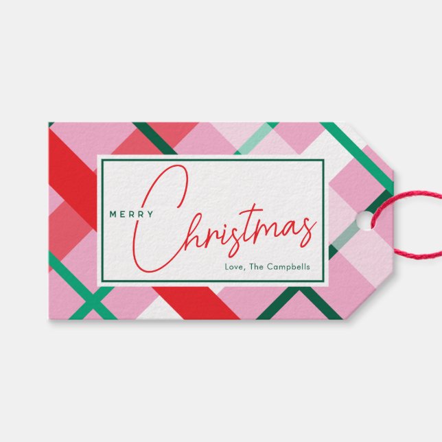 Étiquette de cadeau à carreaux de Noël rouge vert  (Devant (Horizontal))