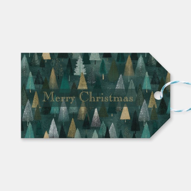 Étiquette de cadeau arbres verts et or pour les fê (Devant (Horizontal))
