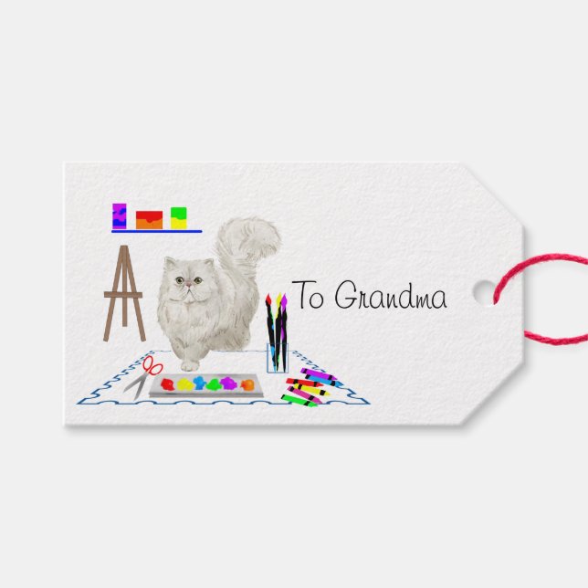 Étiquette de cadeau artiste chat blanc moelleux (Devant (Horizontal))
