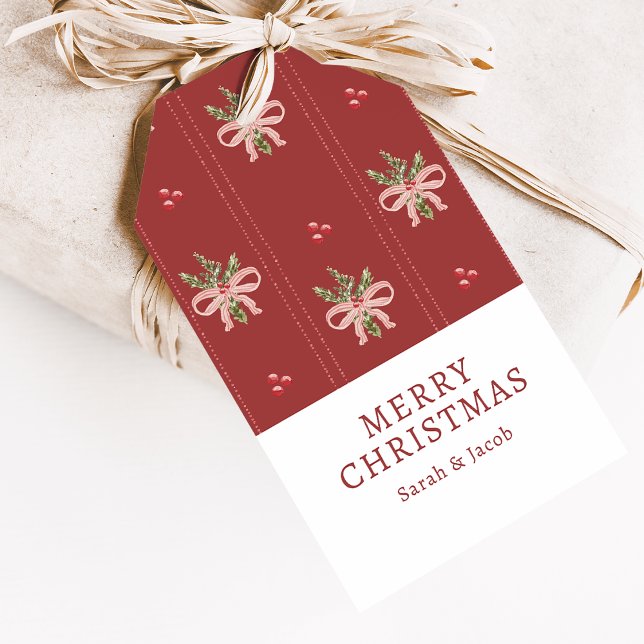 Étiquette de cadeau avec nœuds de Noël rustiques (Rustic Red Bows Christmas Gift Tag | Vintage Watercolor Holiday Charm by Painted Paperie)