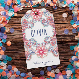 Étiquette de cadeau boho avec fleurs et volutes