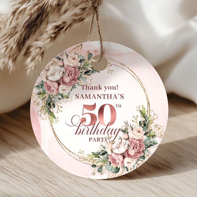 Étiquette de cadeau d'anniversaire 50 ans en or ro (Modern Rose Gold Greenery 50th Birthday Gift Tag)