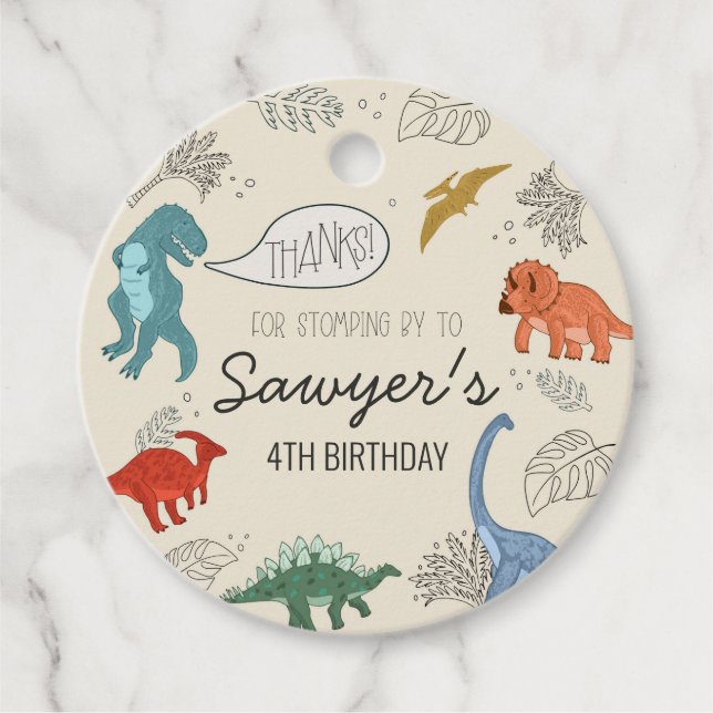 Étiquette de cadeau d'anniversaire rond dinosaure (Devant)