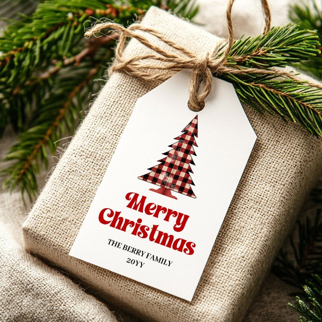 Étiquette de cadeau d'arbre de buffle confortable  (Cozy buffalo tree gift tag red black holiday art

)
