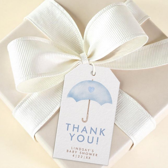 Étiquette de cadeau de baby shower Blue Umbrella S (Blue Umbrella Baby Shower Thank You Gift Tag)