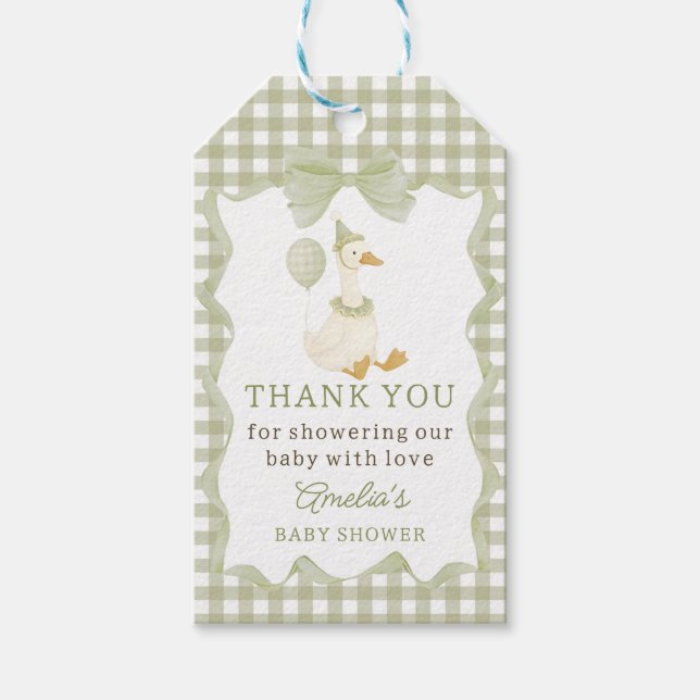 Étiquette de cadeau de baby shower en vichy vert S (Devant)