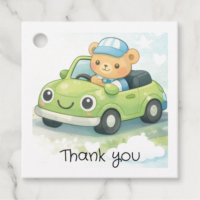 Étiquette de cadeau de baby shower thème voiture (Devant)