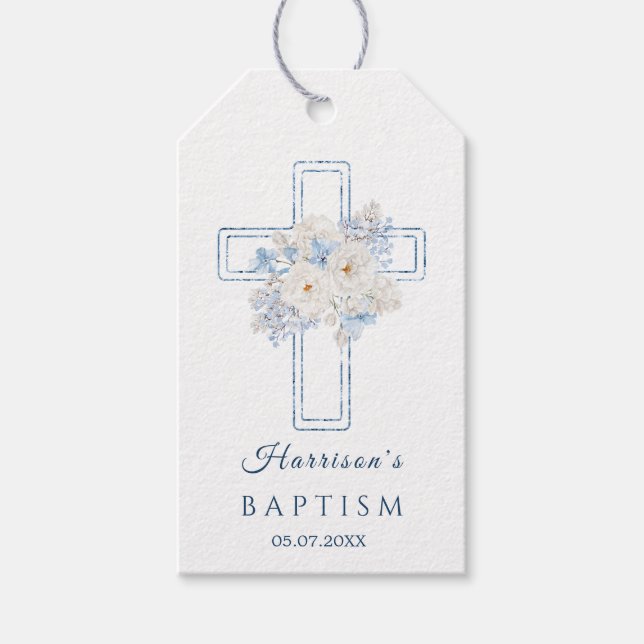 Étiquette de cadeau de baptême à croix bleue flora (Devant)