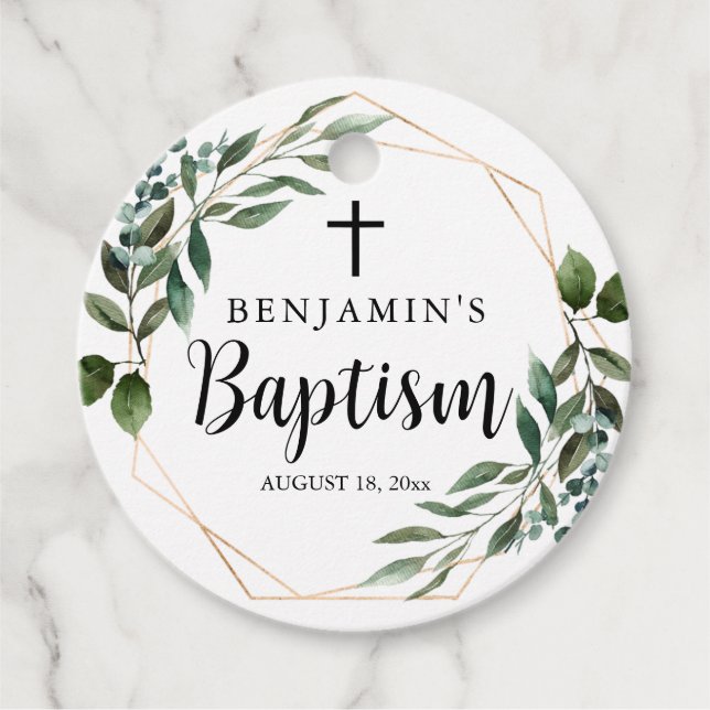 Étiquette de cadeau de baptême en aquarelle avec f (Devant)