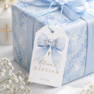 Étiquette de cadeau de baptême pour garçon au ruba