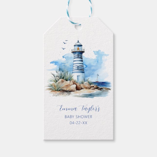 Étiquette de cadeau de douche bébé phare nautique  (Devant)