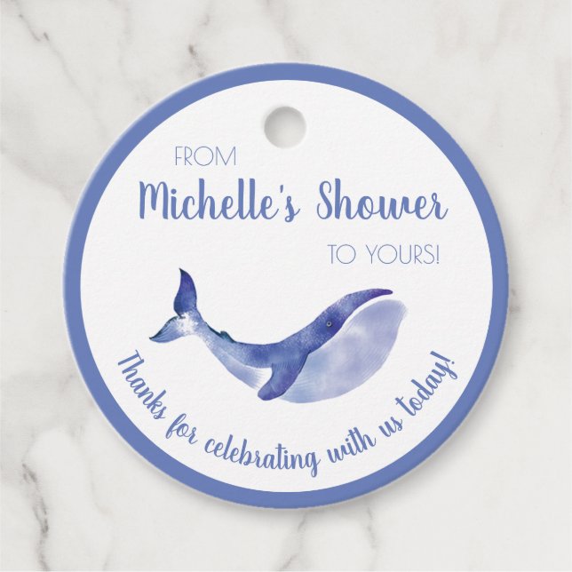 Étiquette de cadeau de douche de baleine bleue (Devant)