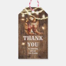 Étiquette de cadeau de fête de bottes et chapeau d